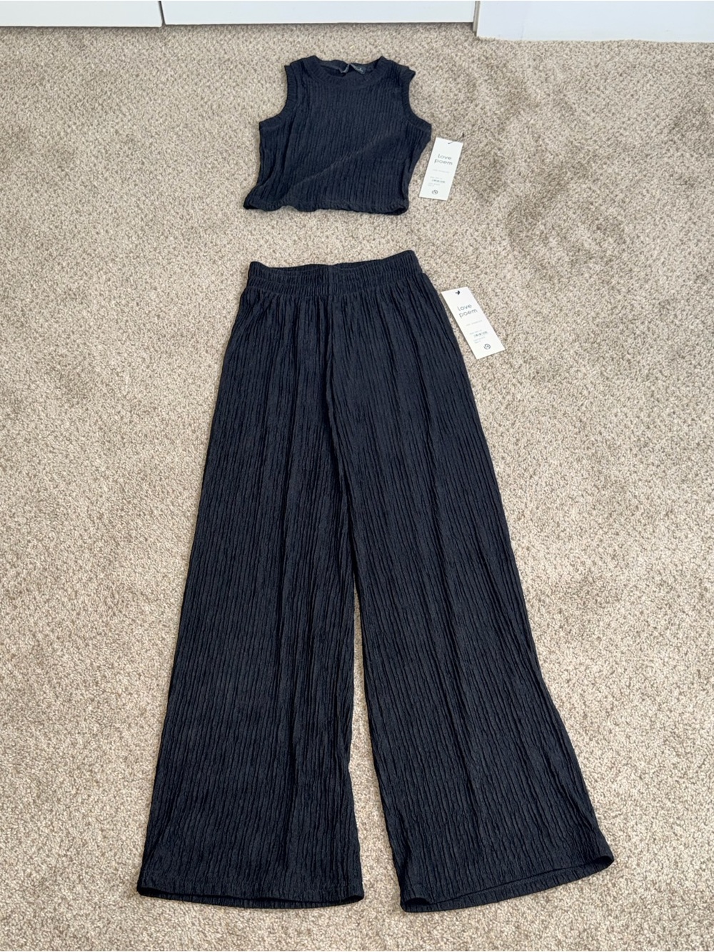 Love Poem Plisse 2 Piece Lounge Set High Waisted Wide Leg Pants Crop Tank S NWT